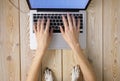 Image of womanÃ¢â¬â¢s hands typing fast on laptop keyboard with dogÃ¢â¬â¢s paws on same tabletop. View from above. Remote work from home Royalty Free Stock Photo